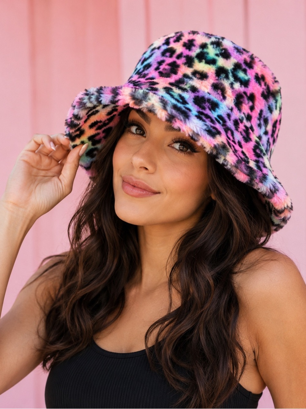 Rainbow Leopard Cheetah Print Faux Fur Plush Cozy Statement Winter Bucket Hat